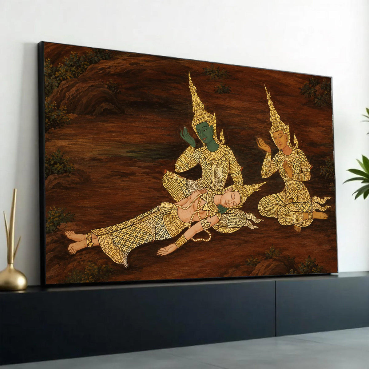 Traditional Thai Mythical Figures Canvas Wall Art, Asian Cultural Painting, Gold Accent Decor, Southeast Asian Ready To Hang Decoration