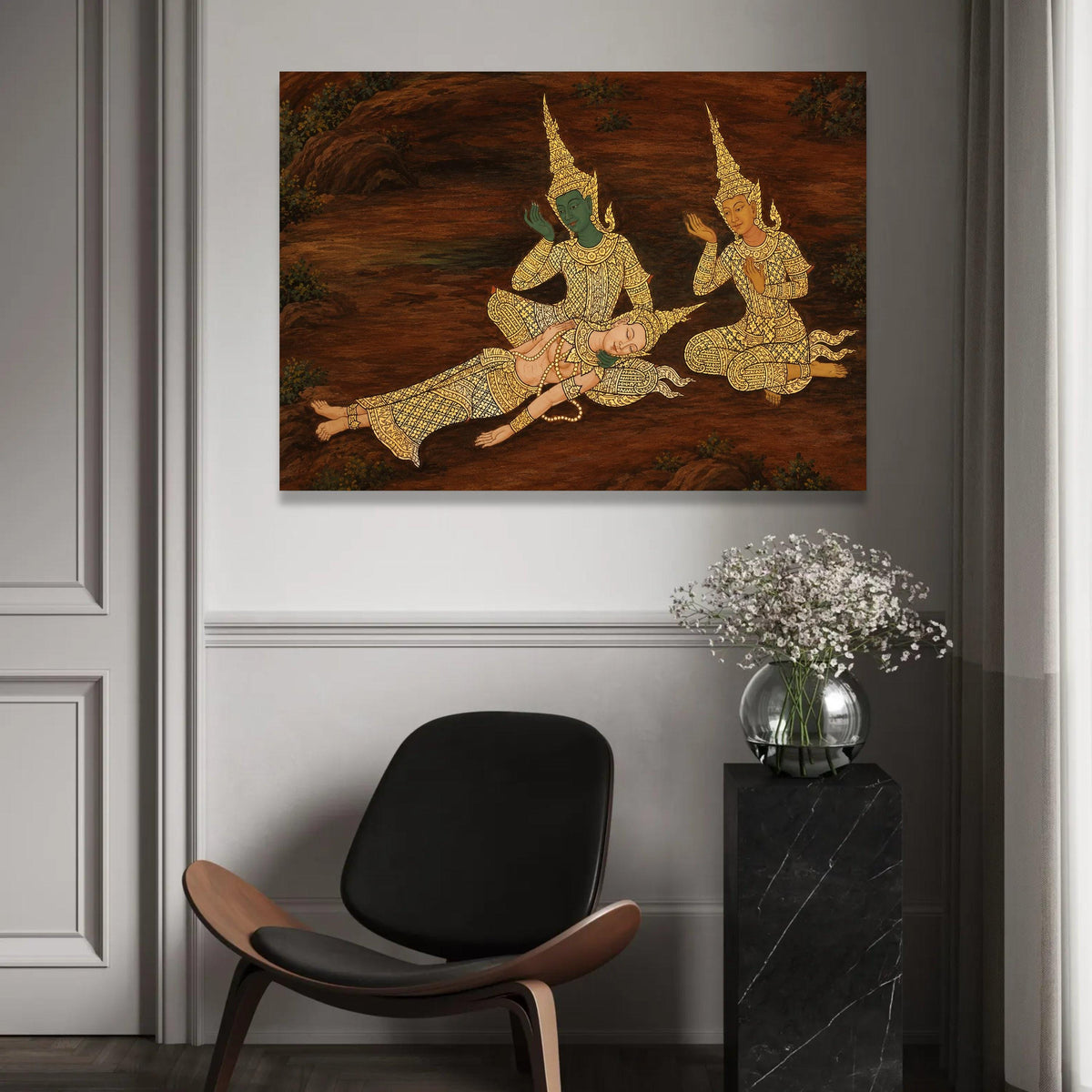 Traditional Thai Mythical Figures Canvas Wall Art, Asian Cultural Painting, Gold Accent Decor, Southeast Asian Ready To Hang Decoration