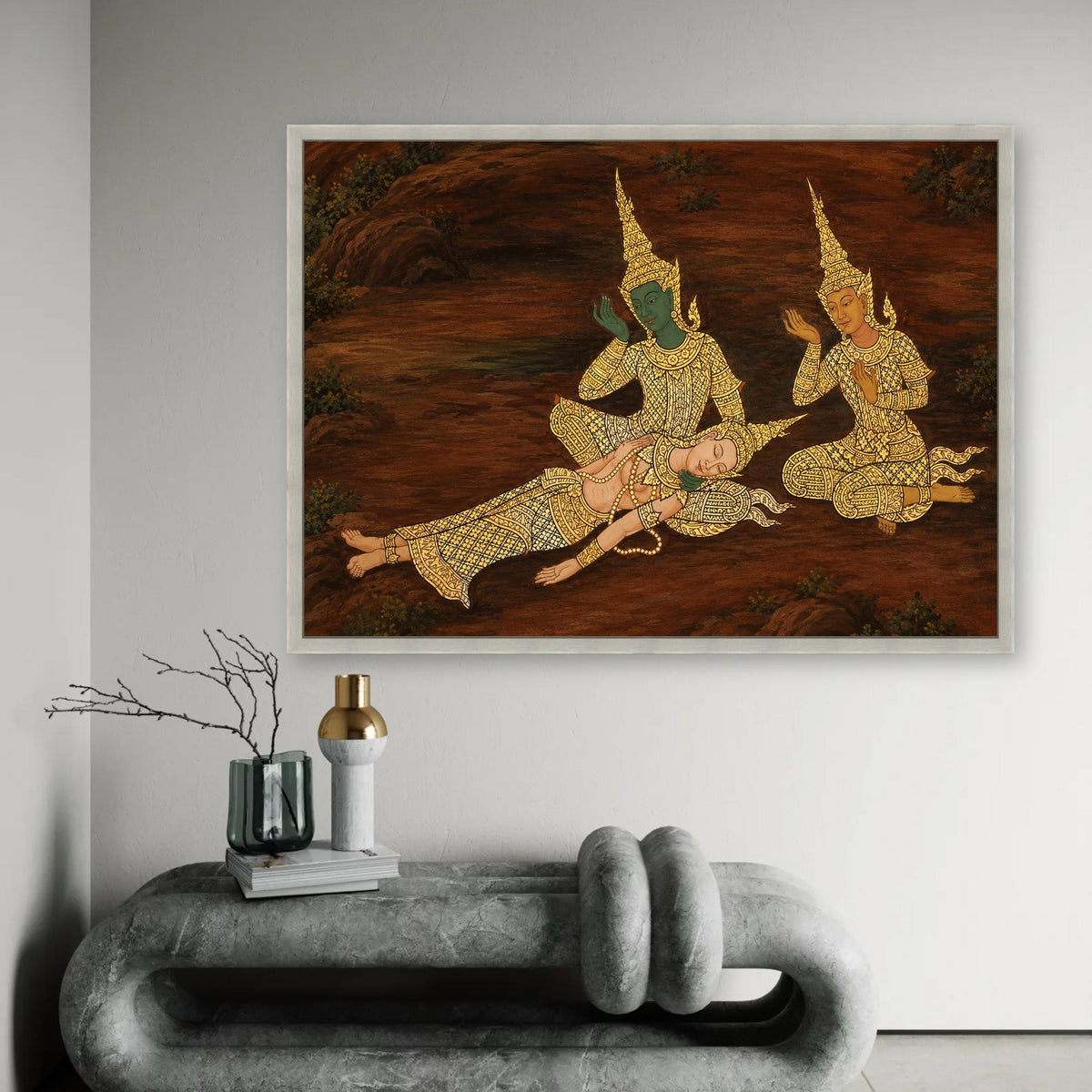Traditional Thai Mythical Figures Canvas Wall Art, Asian Cultural Painting, Gold Accent Decor, Southeast Asian Ready To Hang Decoration