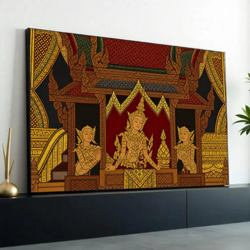 Traditional Thai Royalty Canvas Wall Art, Golden Angels Mural, Southeast Asian Culture Decor, Intricate Palace Ready To Hang Decoration