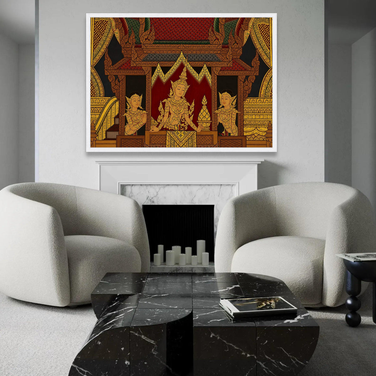 Traditional Thai Royalty Canvas Wall Art, Golden Angels Mural, Southeast Asian Culture Decor, Intricate Palace Ready To Hang Decoration