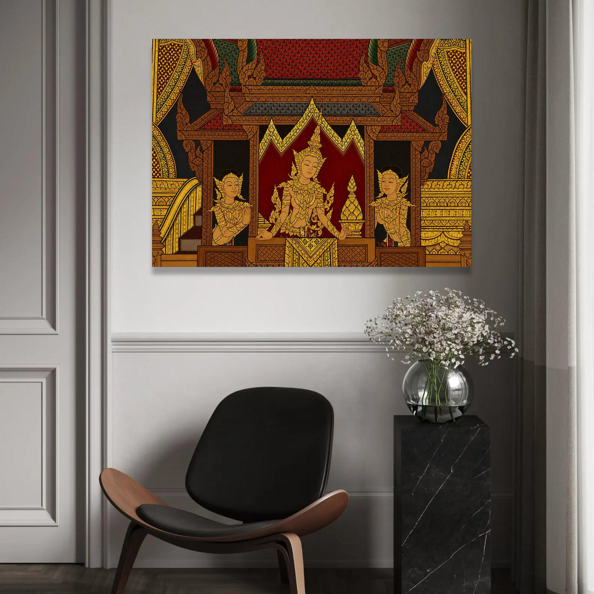 Traditional Thai Royalty Canvas Wall Art, Golden Angels Mural, Southeast Asian Culture Decor, Intricate Palace Ready To Hang Decoration