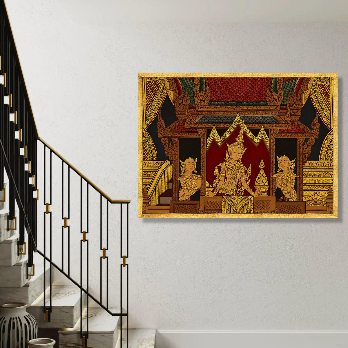 Traditional Thai Royalty Canvas Wall Art, Golden Angels Mural, Southeast Asian Culture Decor, Intricate Palace Ready To Hang Decoration
