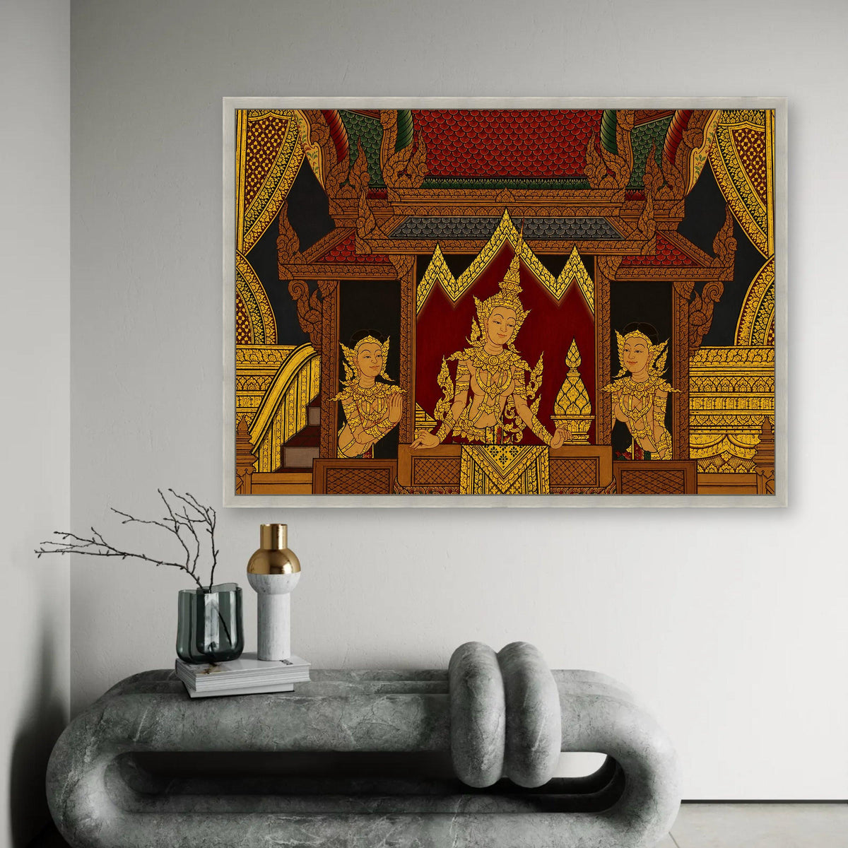 Traditional Thai Royalty Canvas Wall Art, Golden Angels Mural, Southeast Asian Culture Decor, Intricate Palace Ready To Hang Decoration