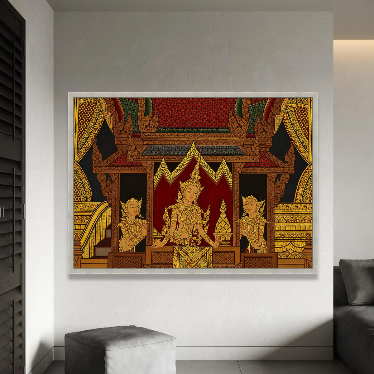 Traditional Thai Royalty Canvas Wall Art, Golden Angels Mural, Southeast Asian Culture Decor, Intricate Palace Ready To Hang Decoration