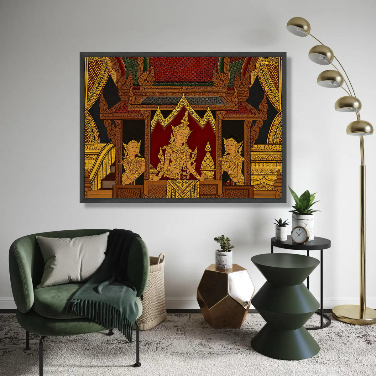 Traditional Thai Royalty Canvas Wall Art, Golden Angels Mural, Southeast Asian Culture Decor, Intricate Palace Ready To Hang Decoration