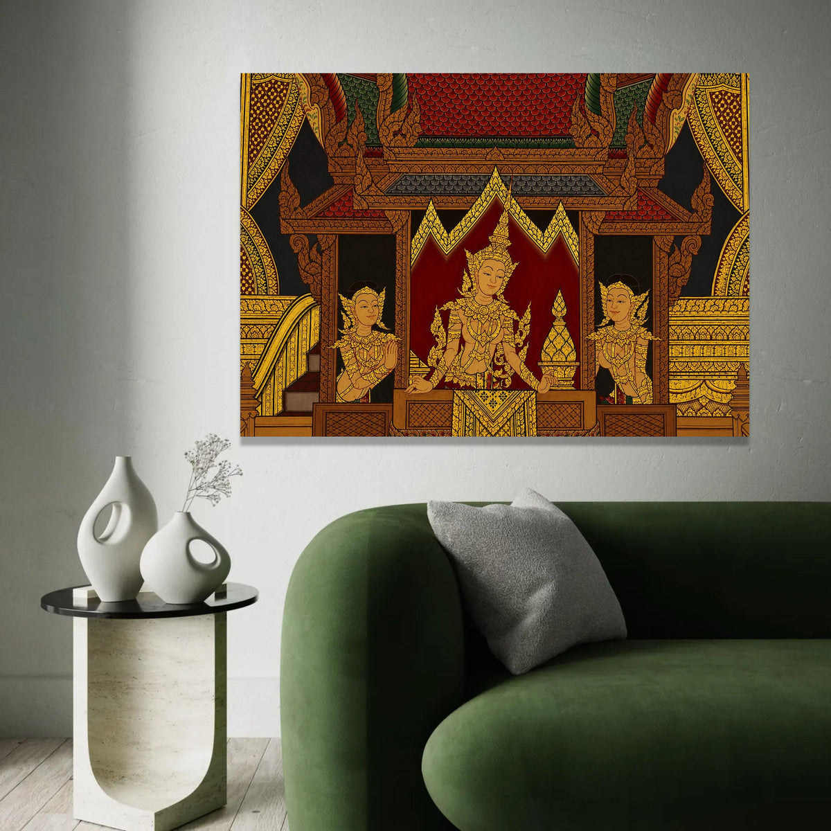 Traditional Thai Royalty Canvas Wall Art, Golden Angels Mural, Southeast Asian Culture Decor, Intricate Palace Ready To Hang Decoration