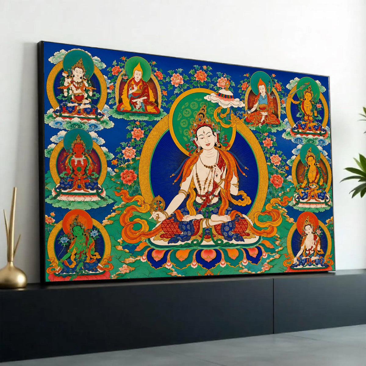 Tibetan Buddhist Deities Canvas Wall Art, Spiritual Meditation Decor, Colorful Mandala Design, Asian Religious Ready To Hang Decoration