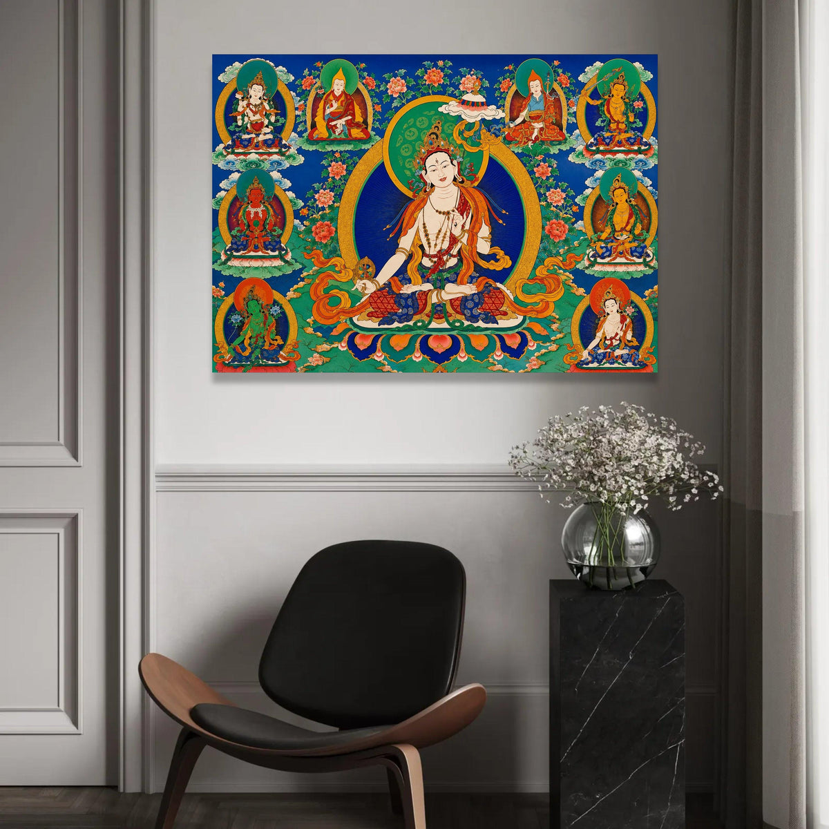 Tibetan Buddhist Deities Canvas Wall Art, Spiritual Meditation Decor, Colorful Mandala Design, Asian Religious Ready To Hang Decoration
