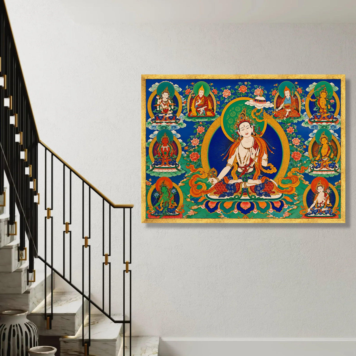Tibetan Buddhist Deities Canvas Wall Art, Spiritual Meditation Decor, Colorful Mandala Design, Asian Religious Ready To Hang Decoration