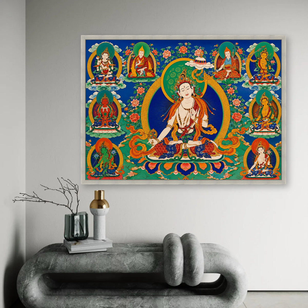 Tibetan Buddhist Deities Canvas Wall Art, Spiritual Meditation Decor, Colorful Mandala Design, Asian Religious Ready To Hang Decoration