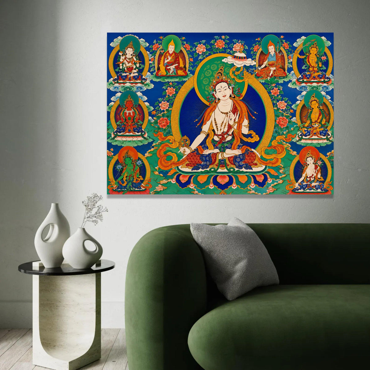Tibetan Buddhist Deities Canvas Wall Art, Spiritual Meditation Decor, Colorful Mandala Design, Asian Religious Ready To Hang Decoration