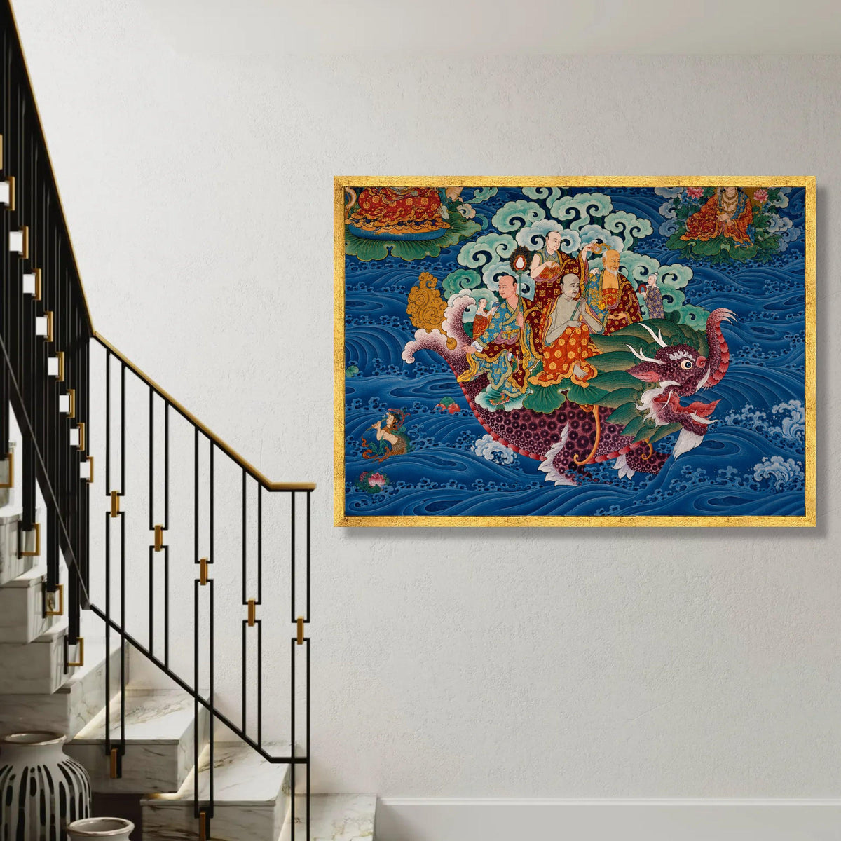 Tibetan Buddhist Dragon Ride Canvas, Spiritual Wall Art, Traditional Asian Mythology, Oriental Decorative Canvas, Ready To Hang Decoration