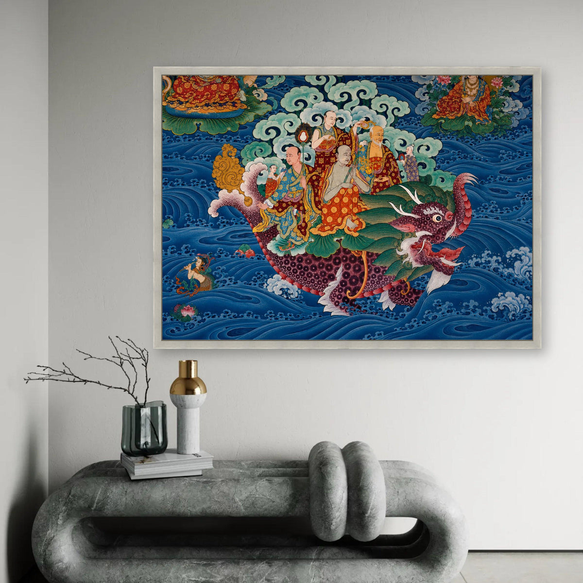 Tibetan Buddhist Dragon Ride Canvas, Spiritual Wall Art, Traditional Asian Mythology, Oriental Decorative Canvas, Ready To Hang Decoration