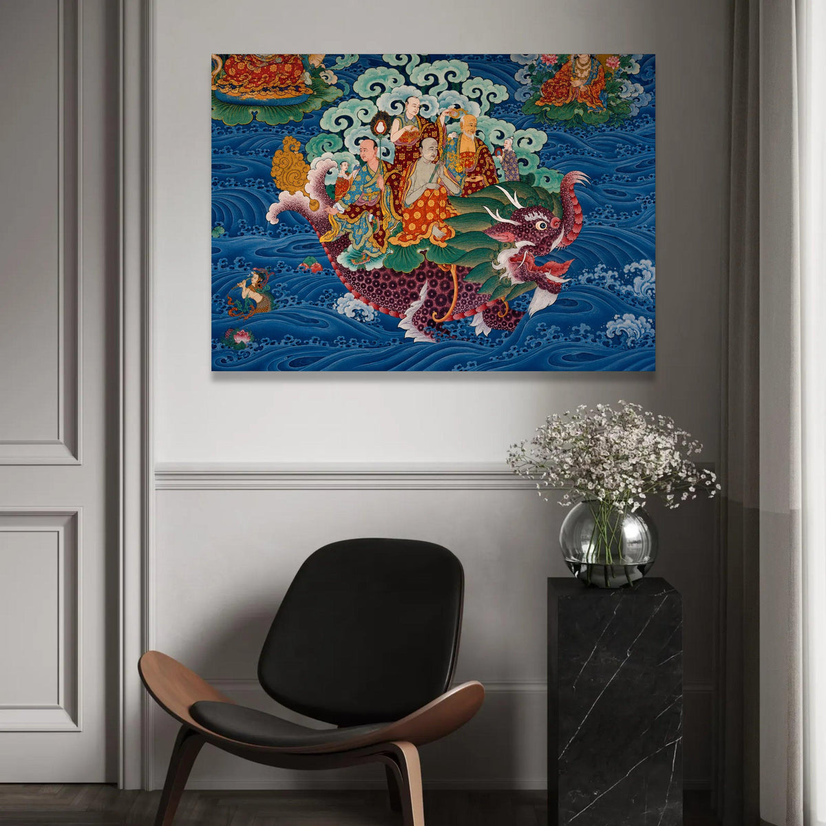 Tibetan Buddhist Dragon Ride Canvas, Spiritual Wall Art, Traditional Asian Mythology, Oriental Decorative Canvas, Ready To Hang Decoration