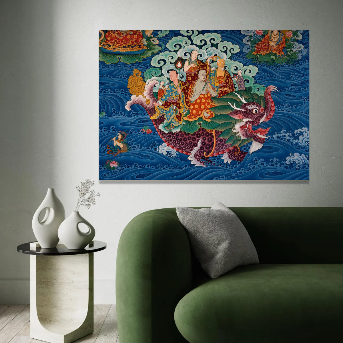 Tibetan Buddhist Dragon Ride Canvas, Spiritual Wall Art, Traditional Asian Mythology, Oriental Decorative Canvas, Ready To Hang Decoration