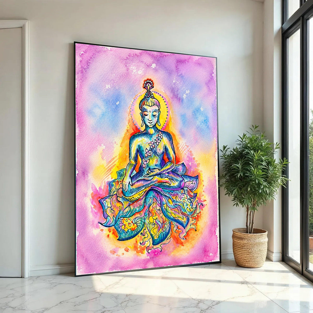 Colorful Meditating Buddha Canvas, Spiritual Wall Art, Vibrant Zen Decor, Yoga Inspiration Print, Peaceful Home Ready To Hang Decoration