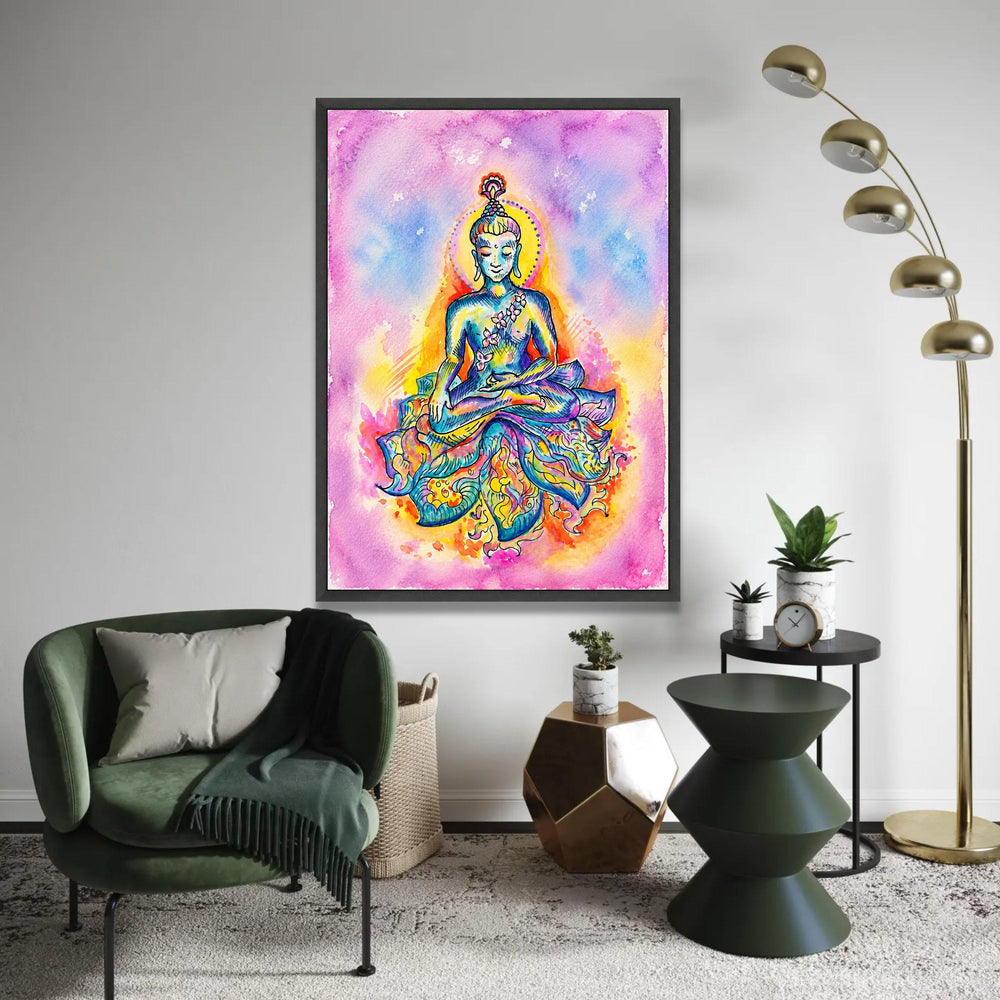 Colorful Meditating Buddha Canvas, Spiritual Wall Art, Vibrant Zen Decor, Yoga Inspiration Print, Peaceful Home Ready To Hang Decoration