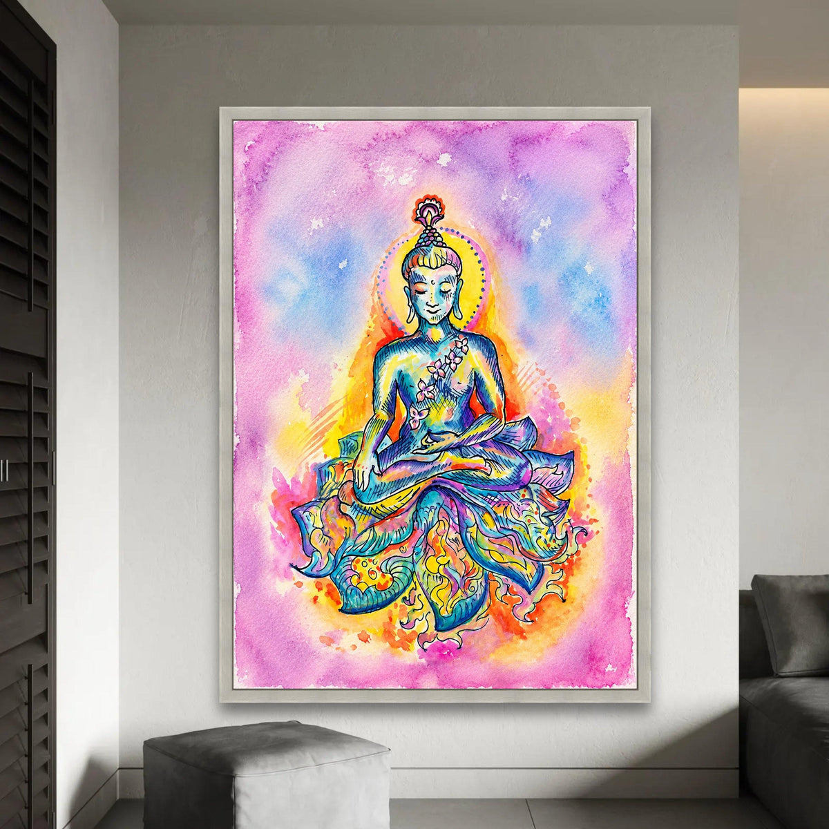 Colorful Meditating Buddha Canvas, Spiritual Wall Art, Vibrant Zen Decor, Yoga Inspiration Print, Peaceful Home Ready To Hang Decoration