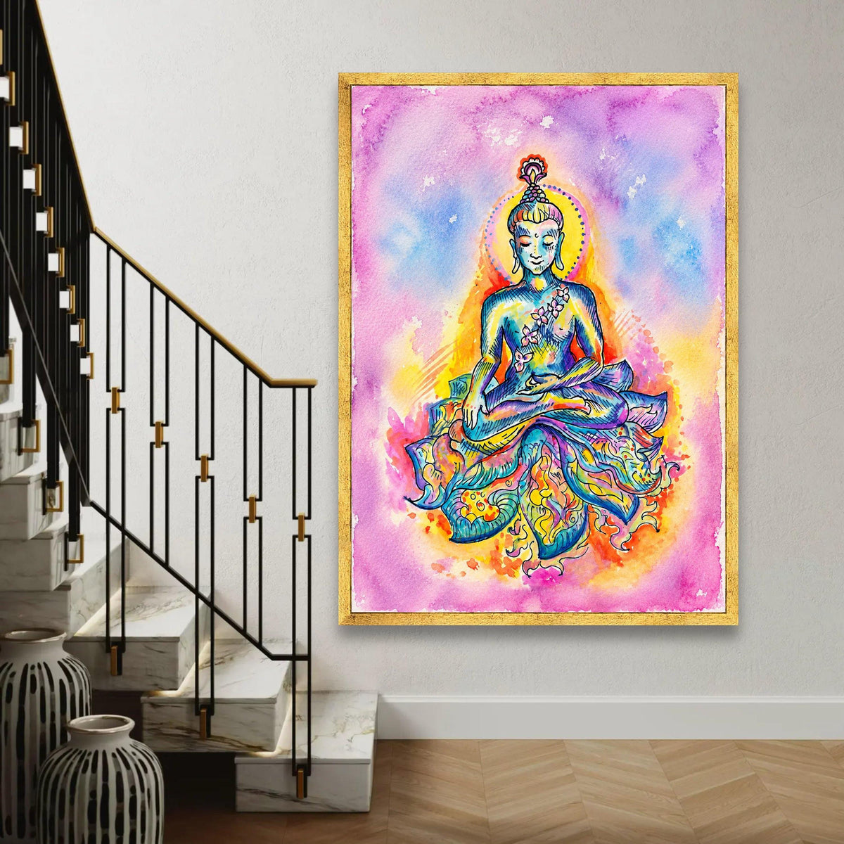 Colorful Meditating Buddha Canvas, Spiritual Wall Art, Vibrant Zen Decor, Yoga Inspiration Print, Peaceful Home Ready To Hang Decoration