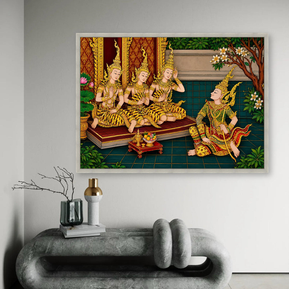 Traditional Thai Court Scene Canvas, Asian Royalty Wall Art, Golden Costume Illustration, Cultural Heritage Canvas, Ready To Hang Decoration