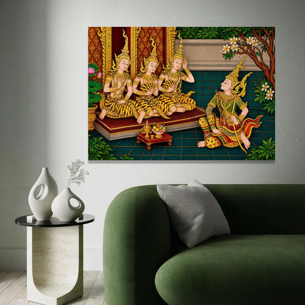 Traditional Thai Court Scene Canvas, Asian Royalty Wall Art, Golden Costume Illustration, Cultural Heritage Canvas, Ready To Hang Decoration