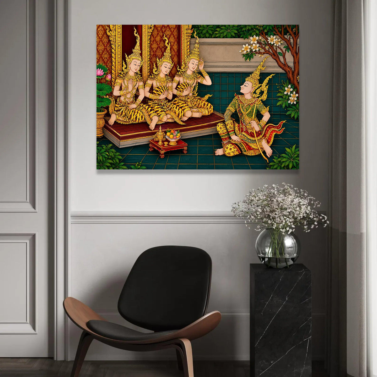 Traditional Thai Court Scene Canvas, Asian Royalty Wall Art, Golden Costume Illustration, Cultural Heritage Canvas, Ready To Hang Decoration