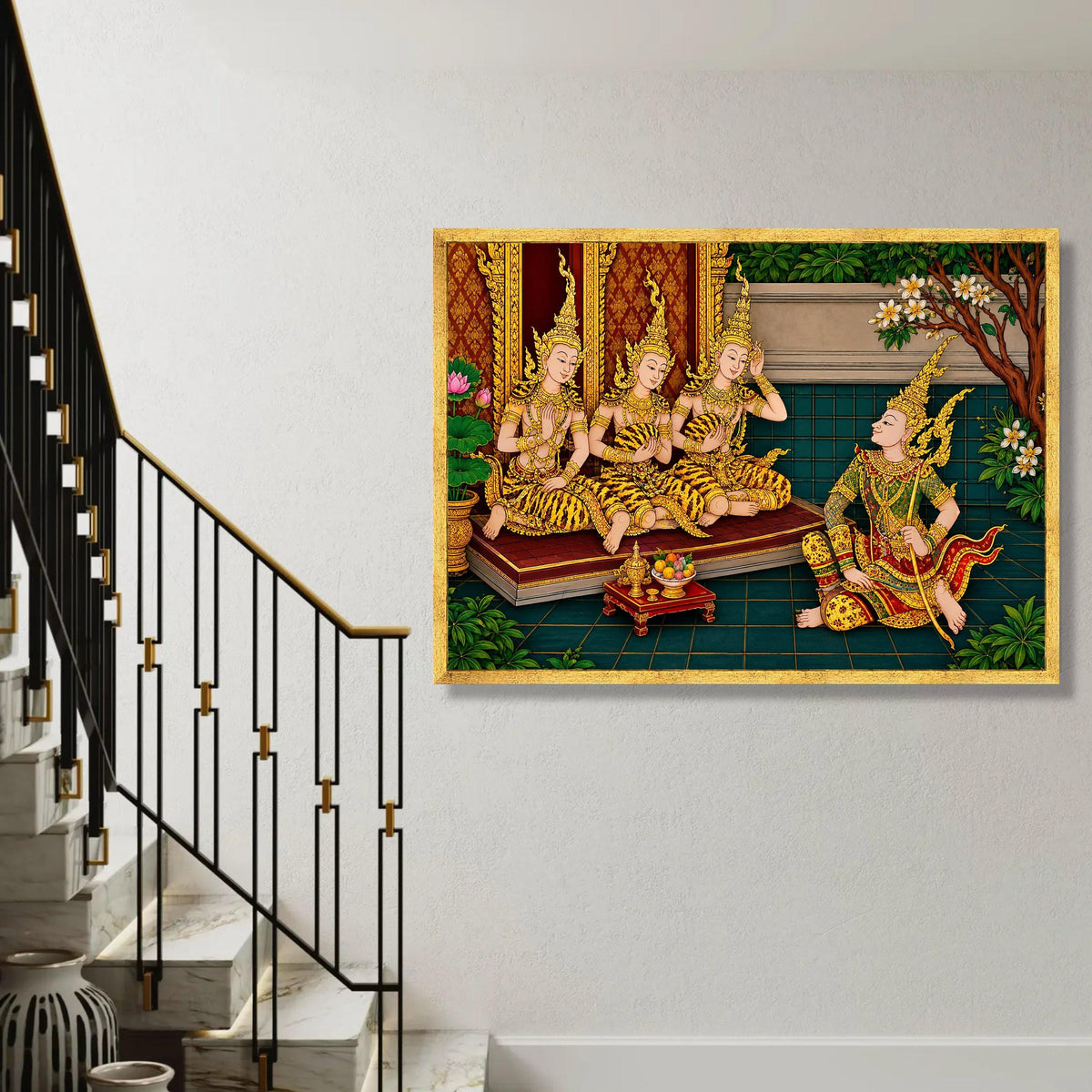 Traditional Thai Court Scene Canvas, Asian Royalty Wall Art, Golden Costume Illustration, Cultural Heritage Canvas, Ready To Hang Decoration