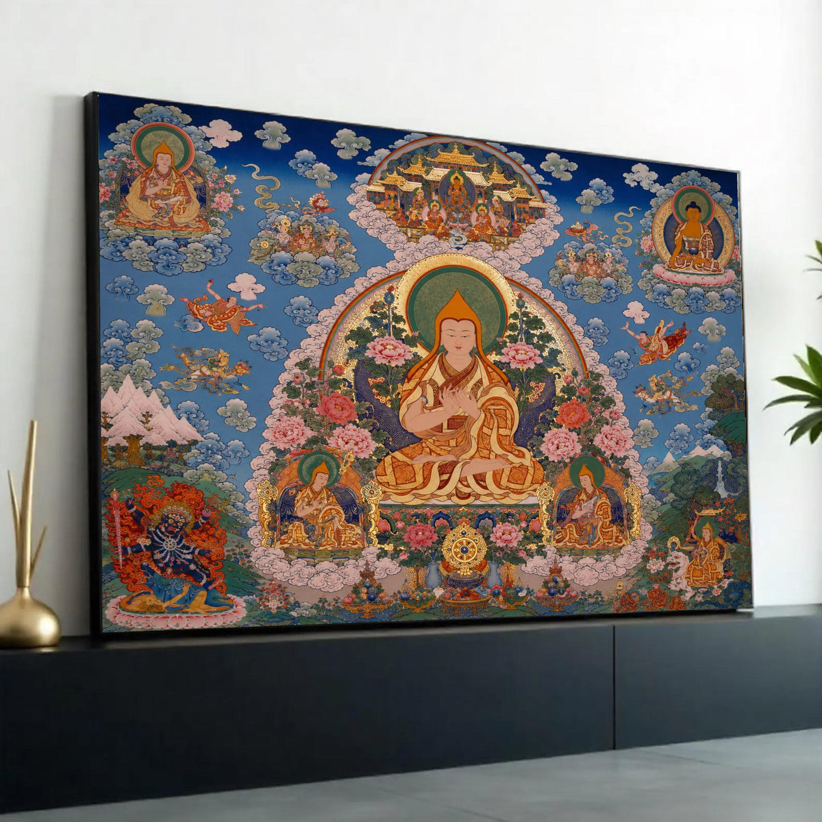 Tibetan Buddhist Thangka Art Canvas, Meditative Spiritual Wall Decor, Colorful Religious Painting, Sacred Lotus Ready To Hang Decoration