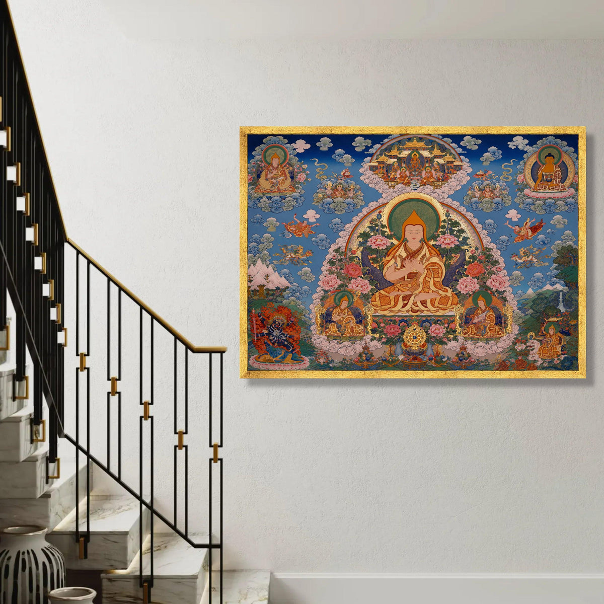 Tibetan Buddhist Thangka Art Canvas, Meditative Spiritual Wall Decor, Colorful Religious Painting, Sacred Lotus Ready To Hang Decoration