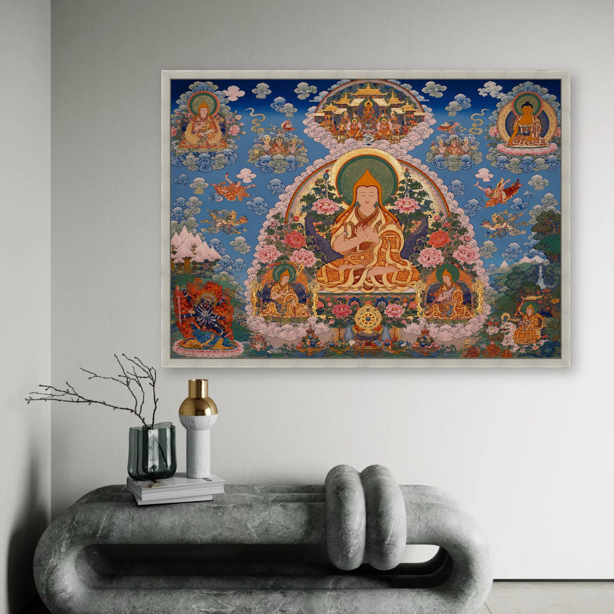 Tibetan Buddhist Thangka Art Canvas, Meditative Spiritual Wall Decor, Colorful Religious Painting, Sacred Lotus Ready To Hang Decoration