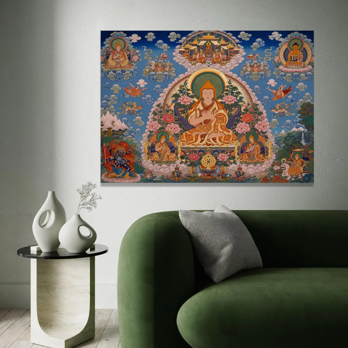 Tibetan Buddhist Thangka Art Canvas, Meditative Spiritual Wall Decor, Colorful Religious Painting, Sacred Lotus Ready To Hang Decoration