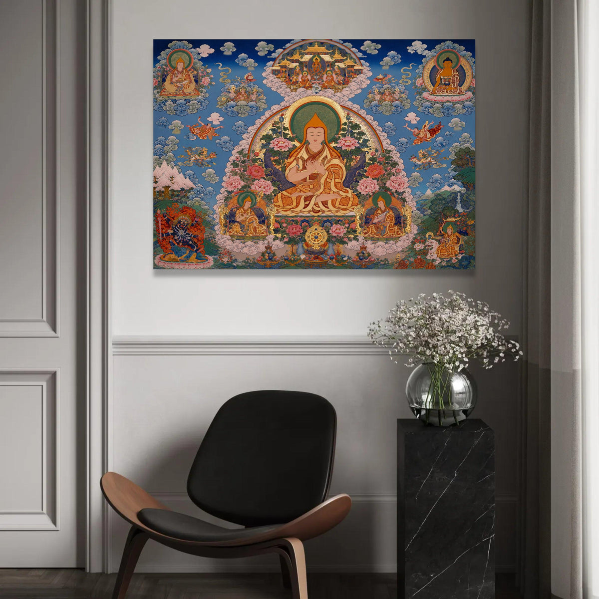 Tibetan Buddhist Thangka Art Canvas, Meditative Spiritual Wall Decor, Colorful Religious Painting, Sacred Lotus Ready To Hang Decoration