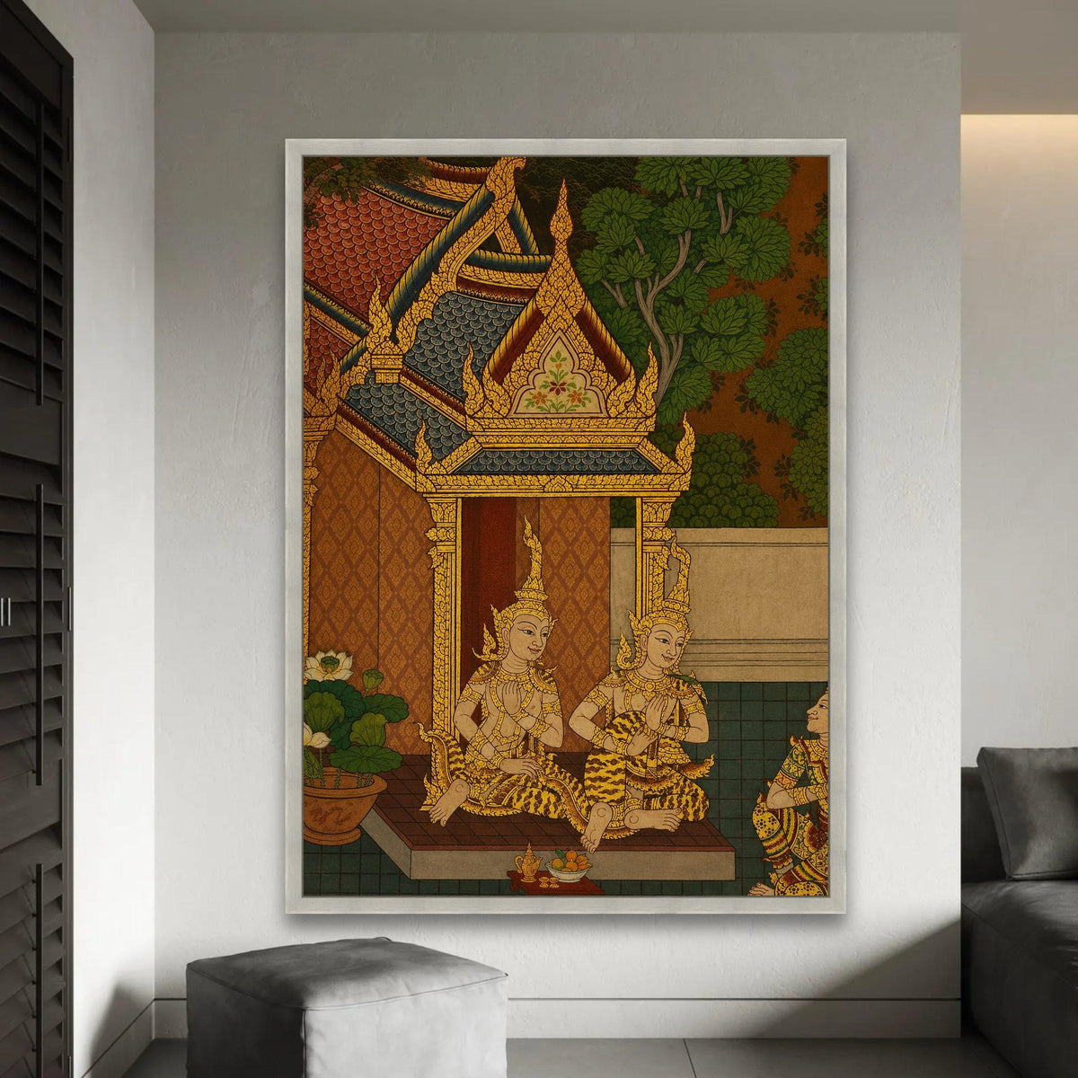 Traditional Thai Temple Scene Canvas, Golden Mythical Figures Wall Art, Southeast Asian Culture Canvas, Ornate Roof Ready To Hang Decoration