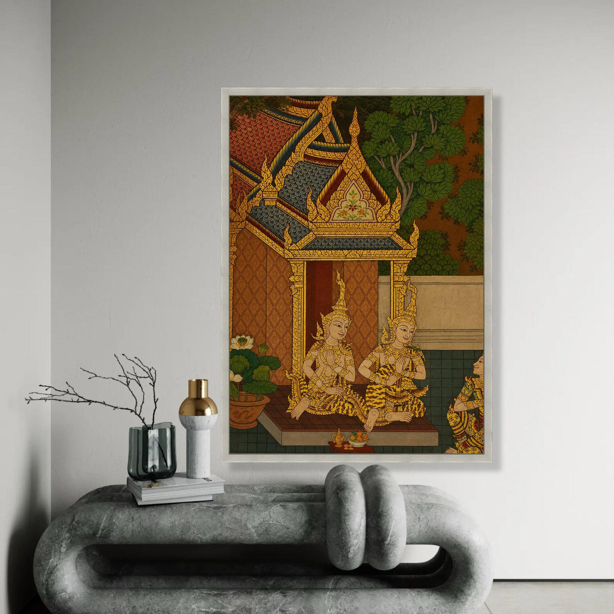 Traditional Thai Temple Scene Canvas, Golden Mythical Figures Wall Art, Southeast Asian Culture Canvas, Ornate Roof Ready To Hang Decoration