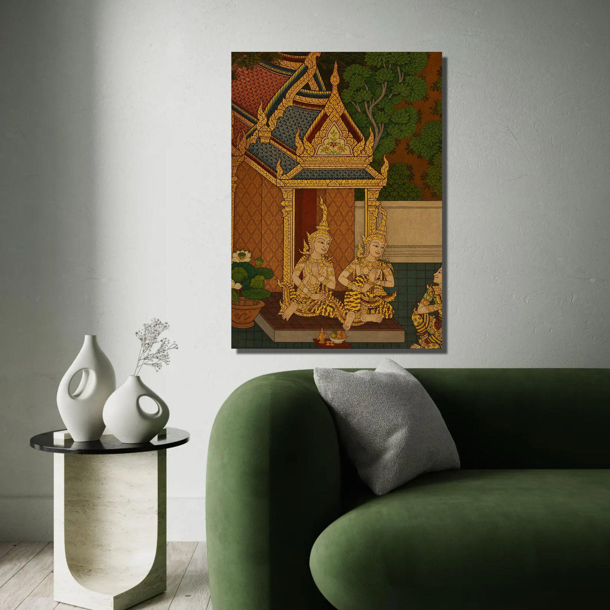 Traditional Thai Temple Scene Canvas, Golden Mythical Figures Wall Art, Southeast Asian Culture Canvas, Ornate Roof Ready To Hang Decoration