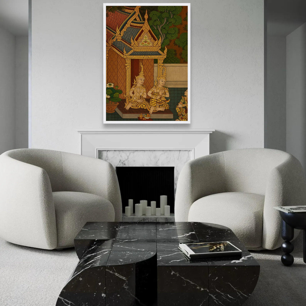 Traditional Thai Temple Scene Canvas, Golden Mythical Figures Wall Art, Southeast Asian Culture Canvas, Ornate Roof Ready To Hang Decoration