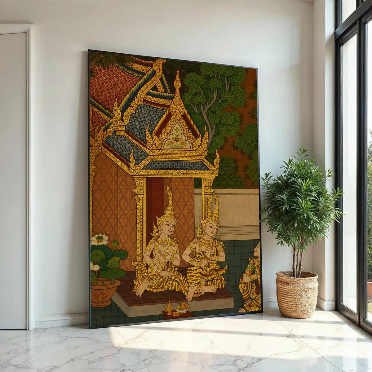 Traditional Thai Temple Scene Canvas, Golden Mythical Figures Wall Art, Southeast Asian Culture Canvas, Ornate Roof Ready To Hang Decoration
