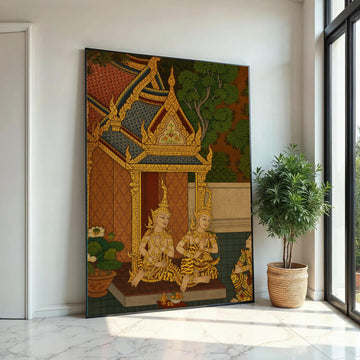 Traditional Thai Temple Scene Canvas, Golden Mythical Figures Wall Art, Southeast Asian Culture Canvas, Ornate Roof Ready To Hang Decoration
