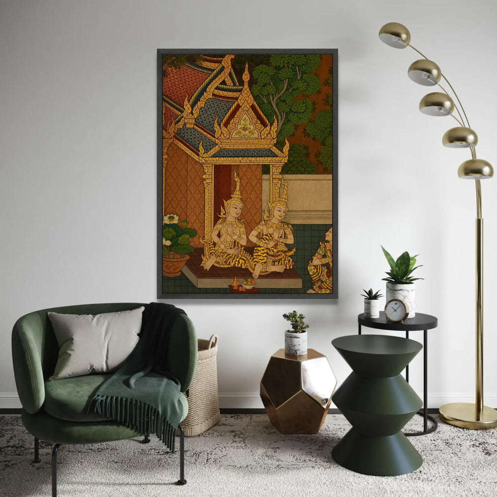 Traditional Thai Temple Scene Canvas, Golden Mythical Figures Wall Art, Southeast Asian Culture Canvas, Ornate Roof Ready To Hang Decoration