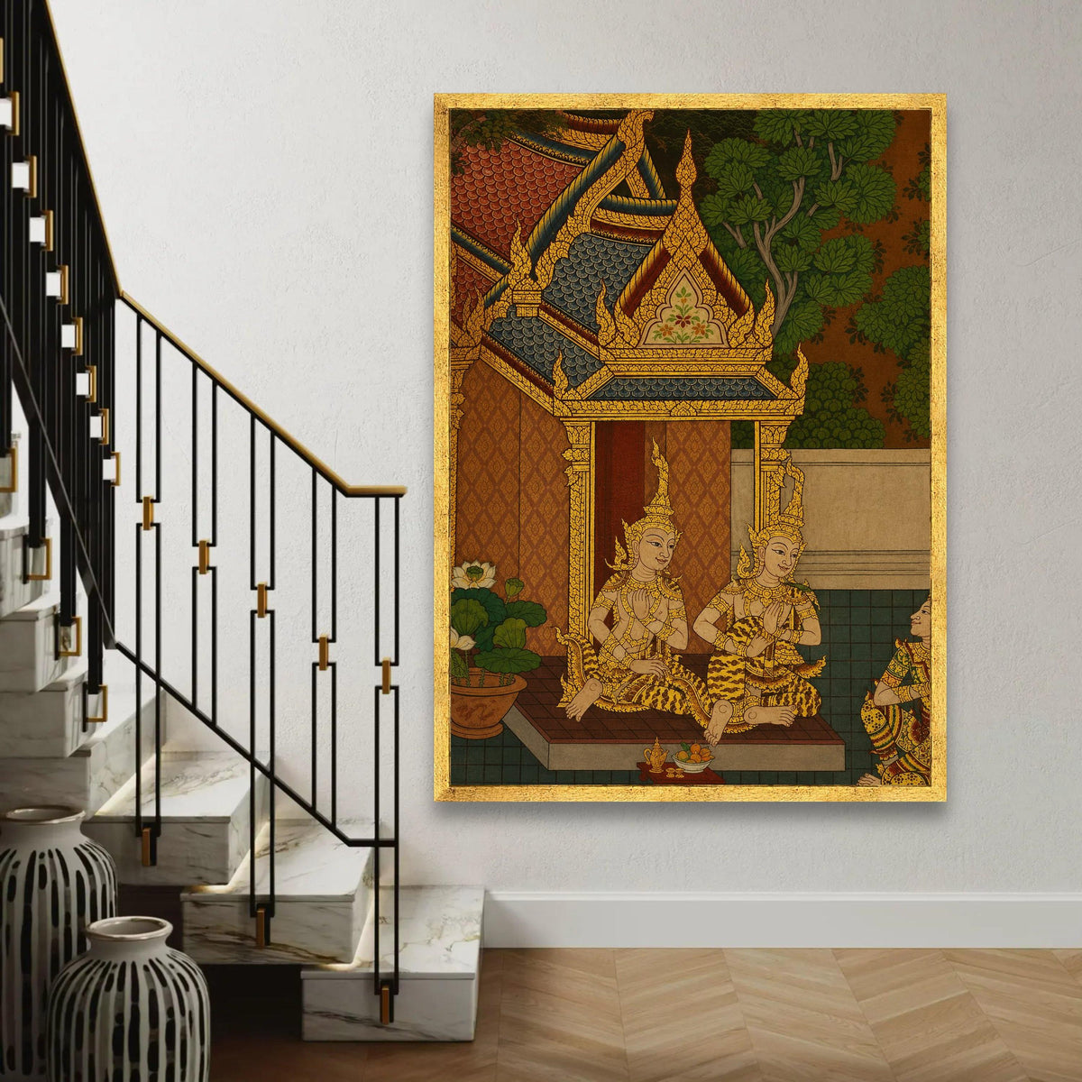 Traditional Thai Temple Scene Canvas, Golden Mythical Figures Wall Art, Southeast Asian Culture Canvas, Ornate Roof Ready To Hang Decoration