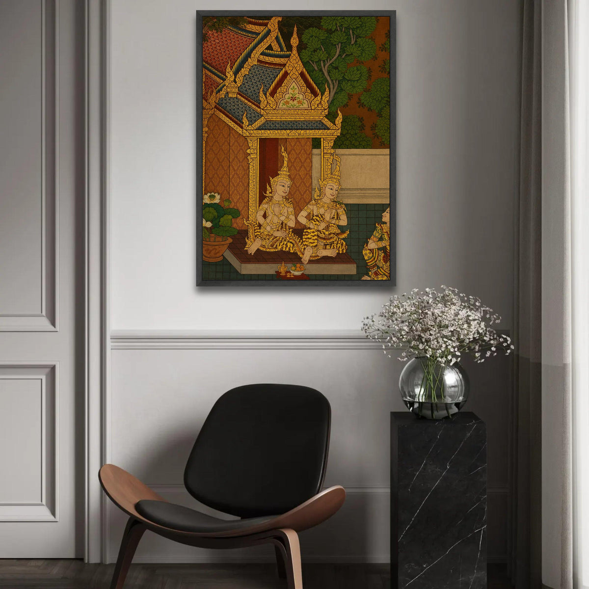 Traditional Thai Temple Scene Canvas, Golden Mythical Figures Wall Art, Southeast Asian Culture Canvas, Ornate Roof Ready To Hang Decoration