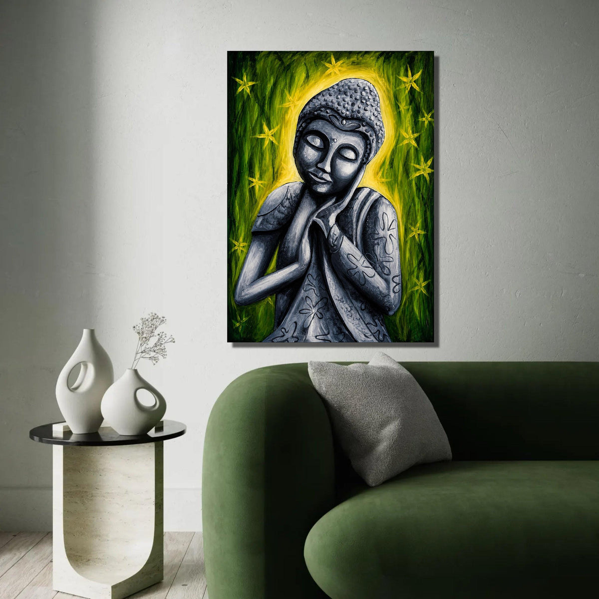 Serene Buddha Statue Canvas, Meditative Wall Art, Zen Home Decor, Spiritual Canvas Painting, Peaceful Meditation Ready To Hang Decoration