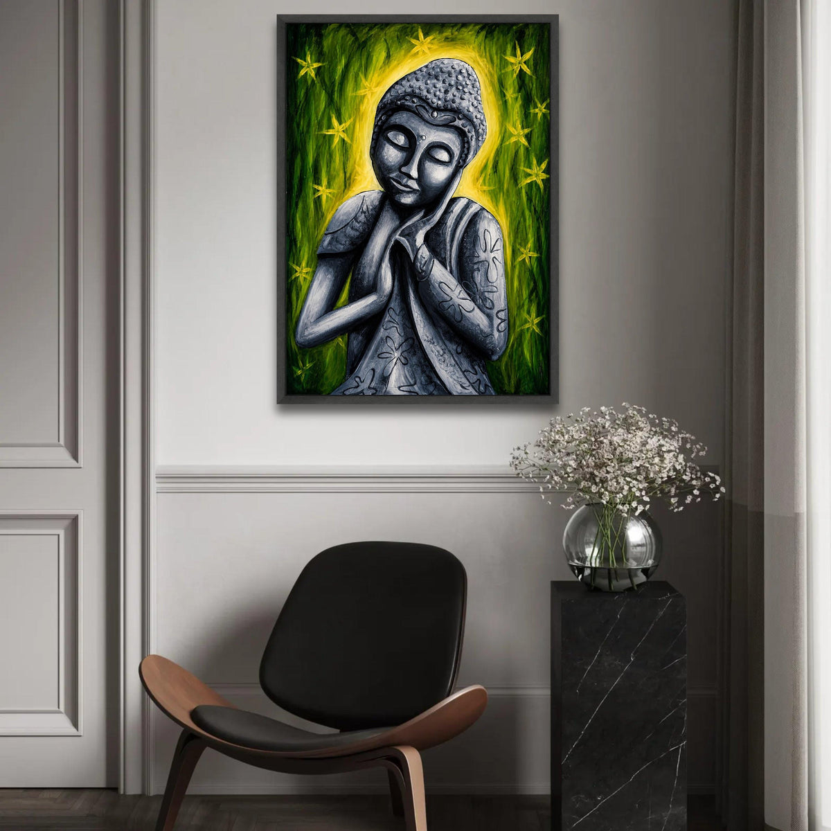 Serene Buddha Statue Canvas, Meditative Wall Art, Zen Home Decor, Spiritual Canvas Painting, Peaceful Meditation Ready To Hang Decoration
