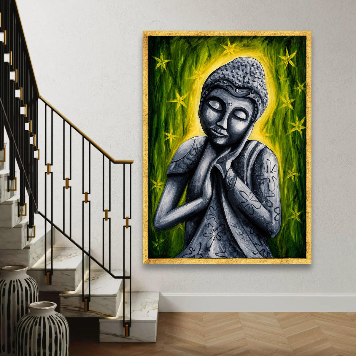 Serene Buddha Statue Canvas, Meditative Wall Art, Zen Home Decor, Spiritual Canvas Painting, Peaceful Meditation Ready To Hang Decoration