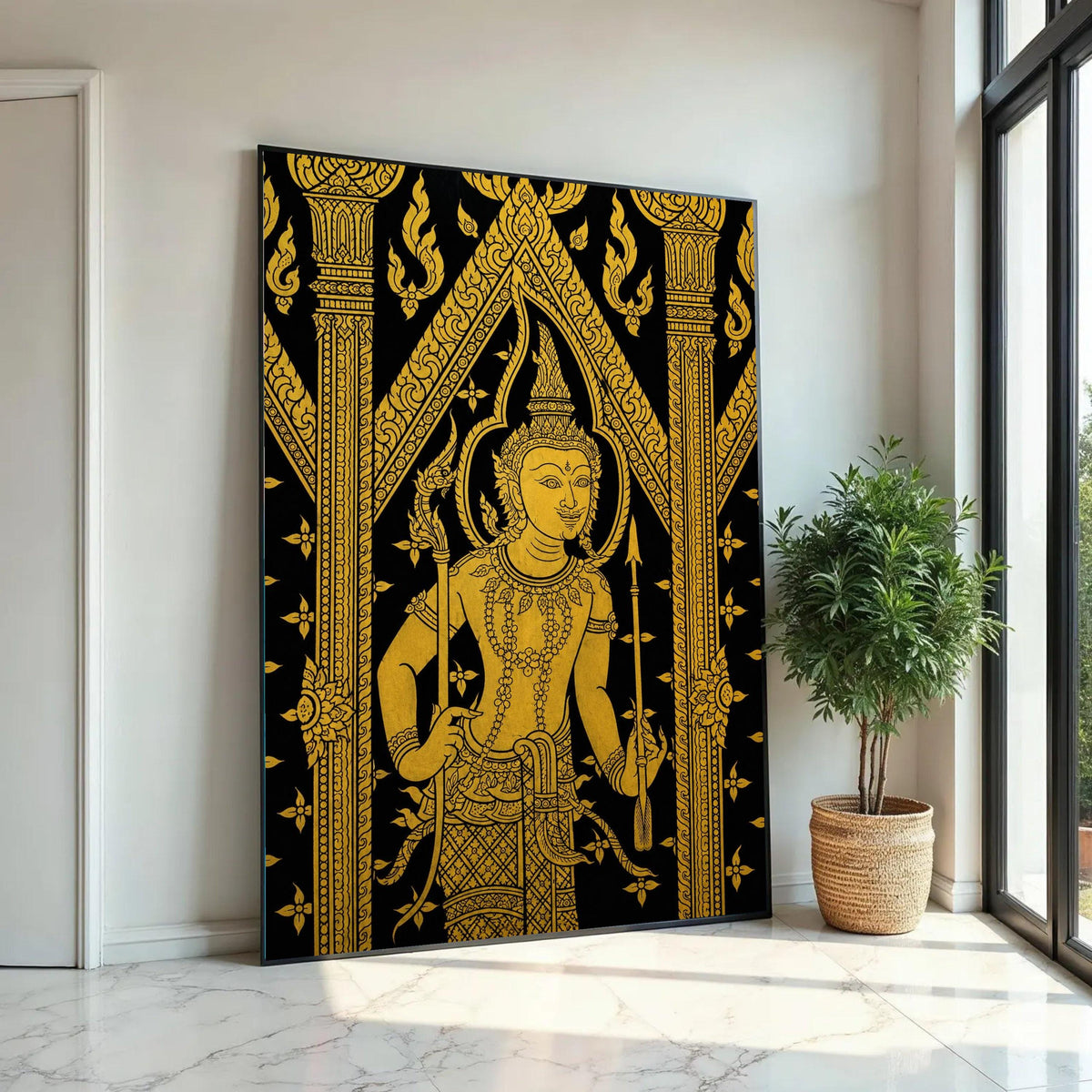 Traditional Thai Art Canvas, Gold Mythical Figure Wall Art, Asian Cultural Decoration, Intricate Black and Gold Ready To Hang Decoration