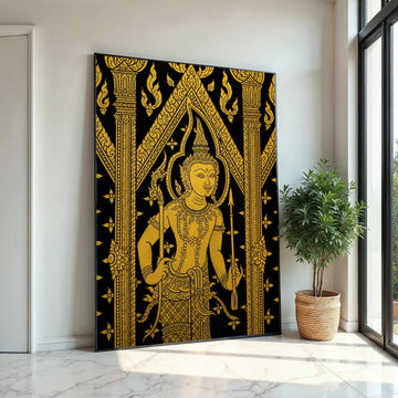 Traditional Thai Art Canvas, Gold Mythical Figure Wall Art, Asian Cultural Decoration, Intricate Black and Gold Ready To Hang Decoration