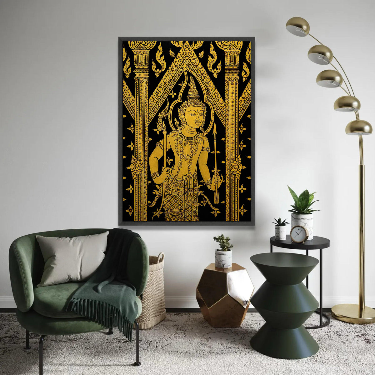 Traditional Thai Art Canvas, Gold Mythical Figure Wall Art, Asian Cultural Decoration, Intricate Black and Gold Ready To Hang Decoration