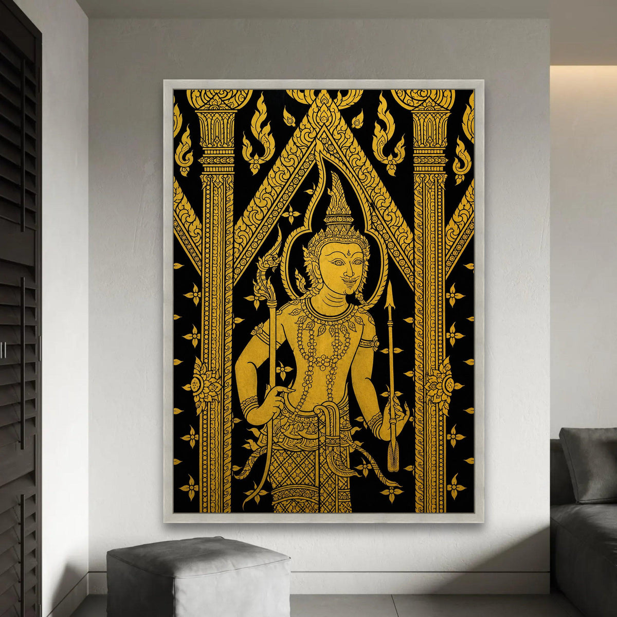 Traditional Thai Art Canvas, Gold Mythical Figure Wall Art, Asian Cultural Decoration, Intricate Black and Gold Ready To Hang Decoration