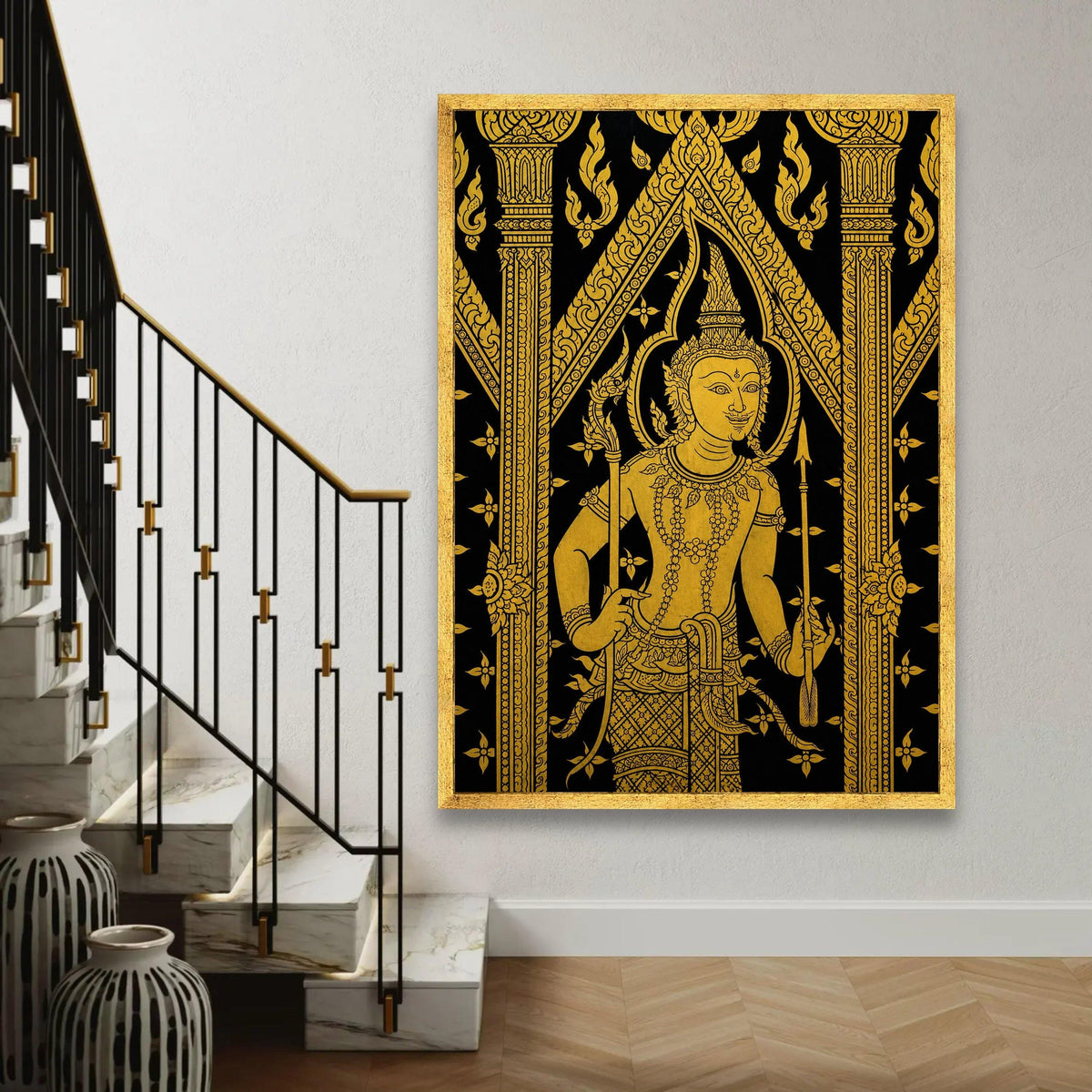 Traditional Thai Art Canvas, Gold Mythical Figure Wall Art, Asian Cultural Decoration, Intricate Black and Gold Ready To Hang Decoration